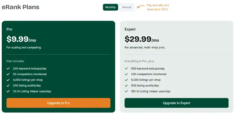 eRank subscription plans