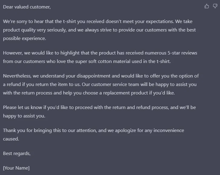 ChatGPT for Etsy - Customer Message example