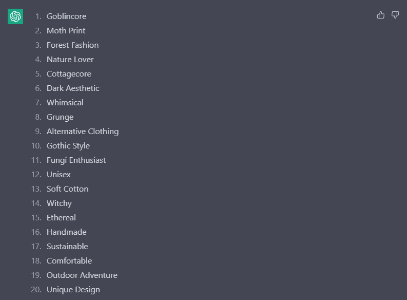 ChatGPT for Etsy - Keywords Prompt results