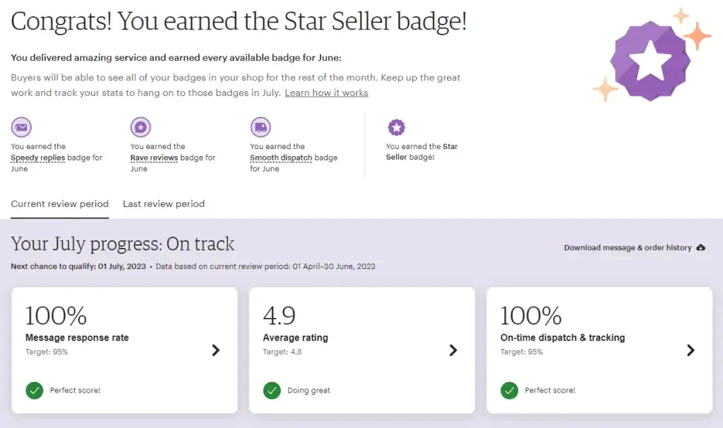 Etsy star seller status page