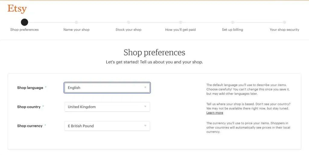 Etsy shop preferences screen shot