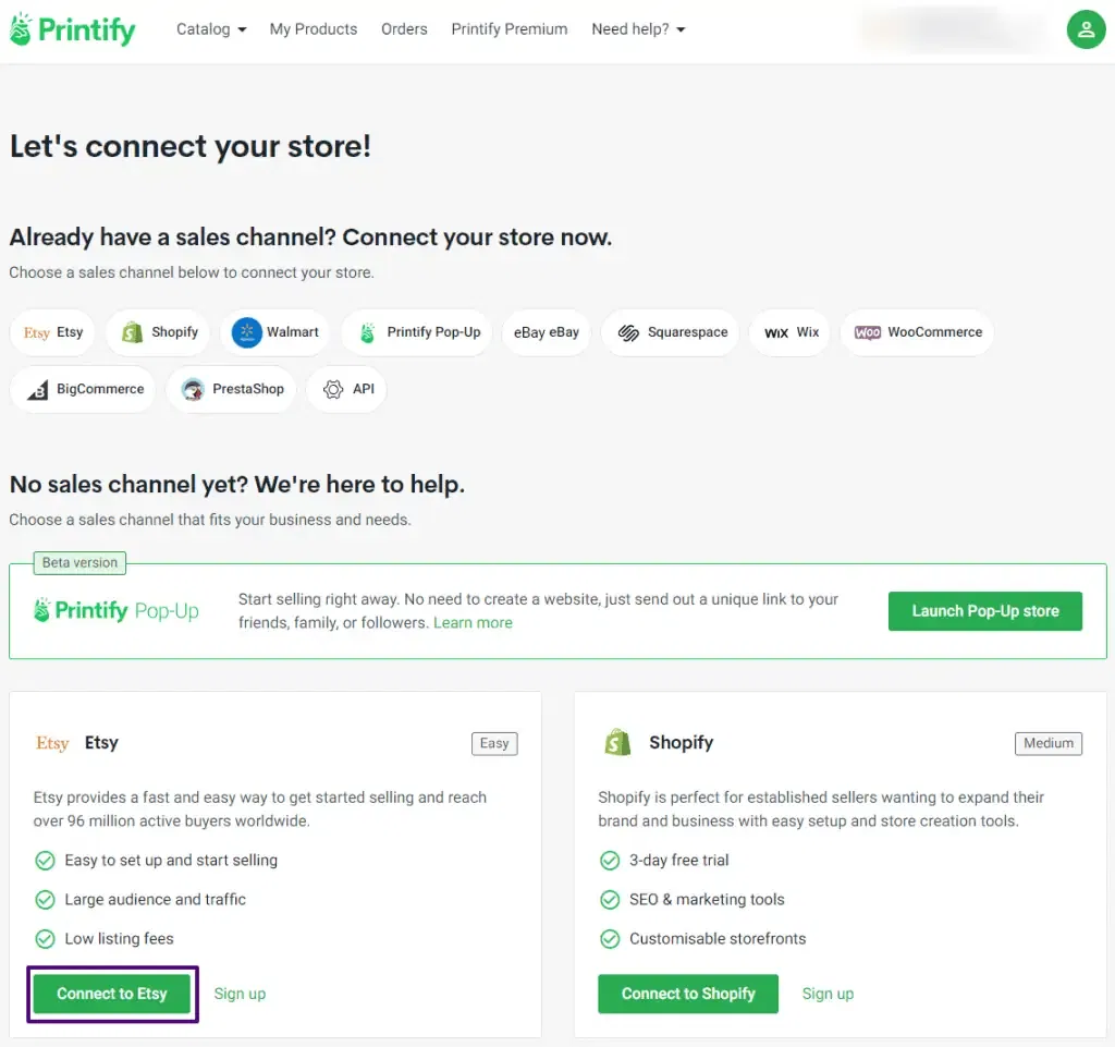Connect Etsy store to printify