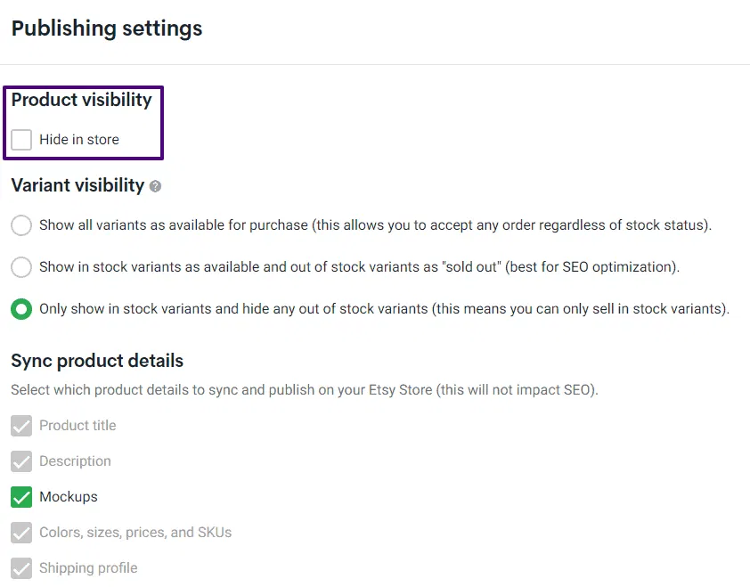 Product visibility settings screen shot
