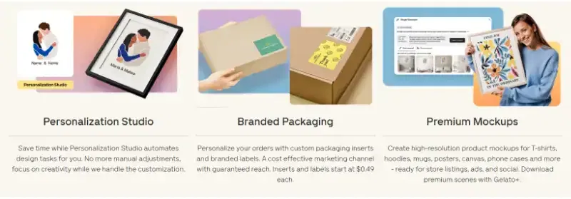 Gelato Plus features, personlisation studio, branded packaging, premium Mockups