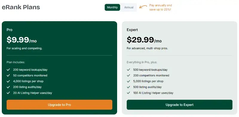 eRank subscription plans