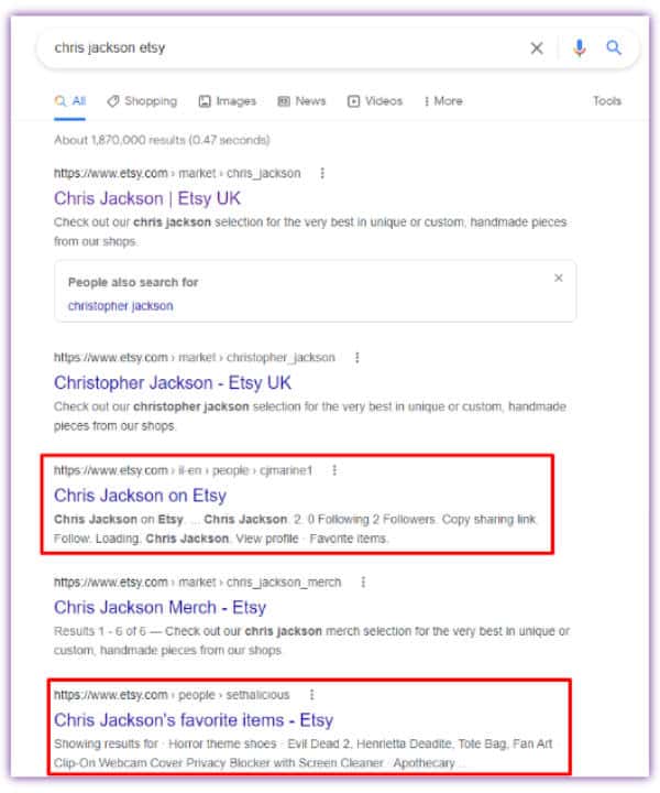 Search on Google for Etsy Use