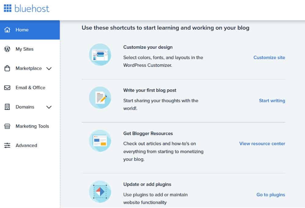 Bluehost Dashboard - Best Budget Blogging Tools
