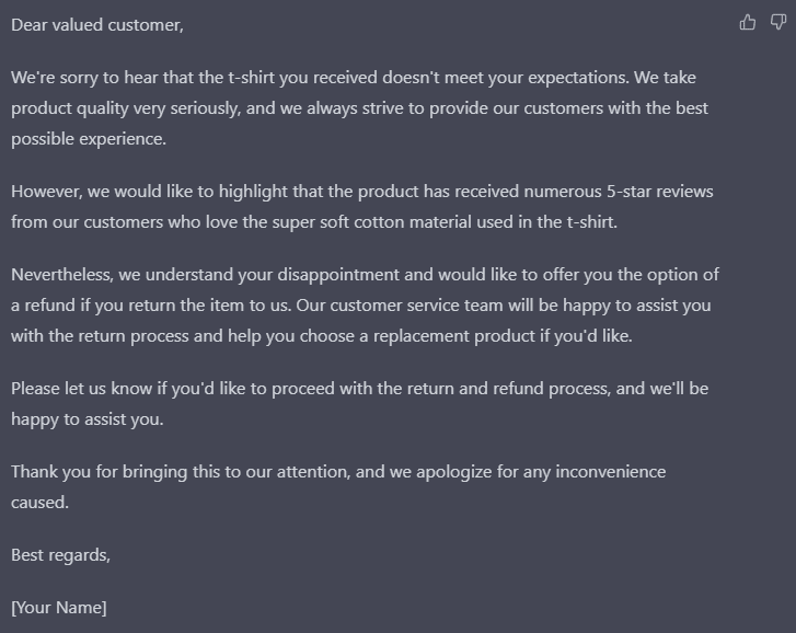 ChatGPT for Etsy - Customer Message example
