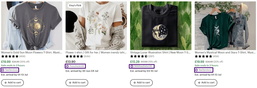 Etsy search results highlighting star seller badge