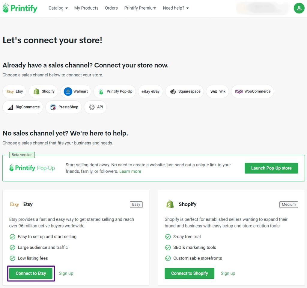 Connect Etsy store to printify