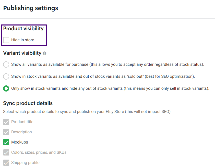 Product visibility settings screen shot