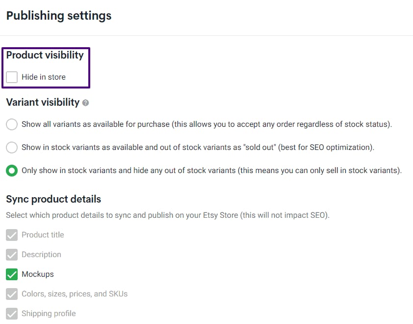 Product visibility settings screen shot